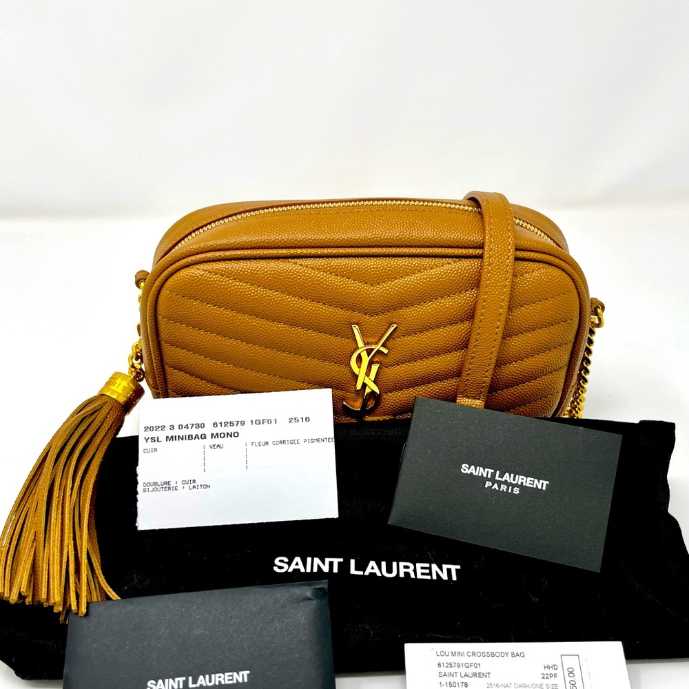 NWT SAINT LAURENT LOU MINI CAMERA BAG GRAIN DE POUDRE GOLD HW in DARK NATUREL